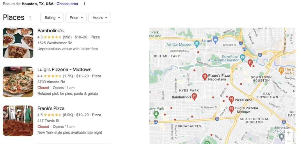 Explicit Local SEO Keyword SERP for a restaurant in Houston