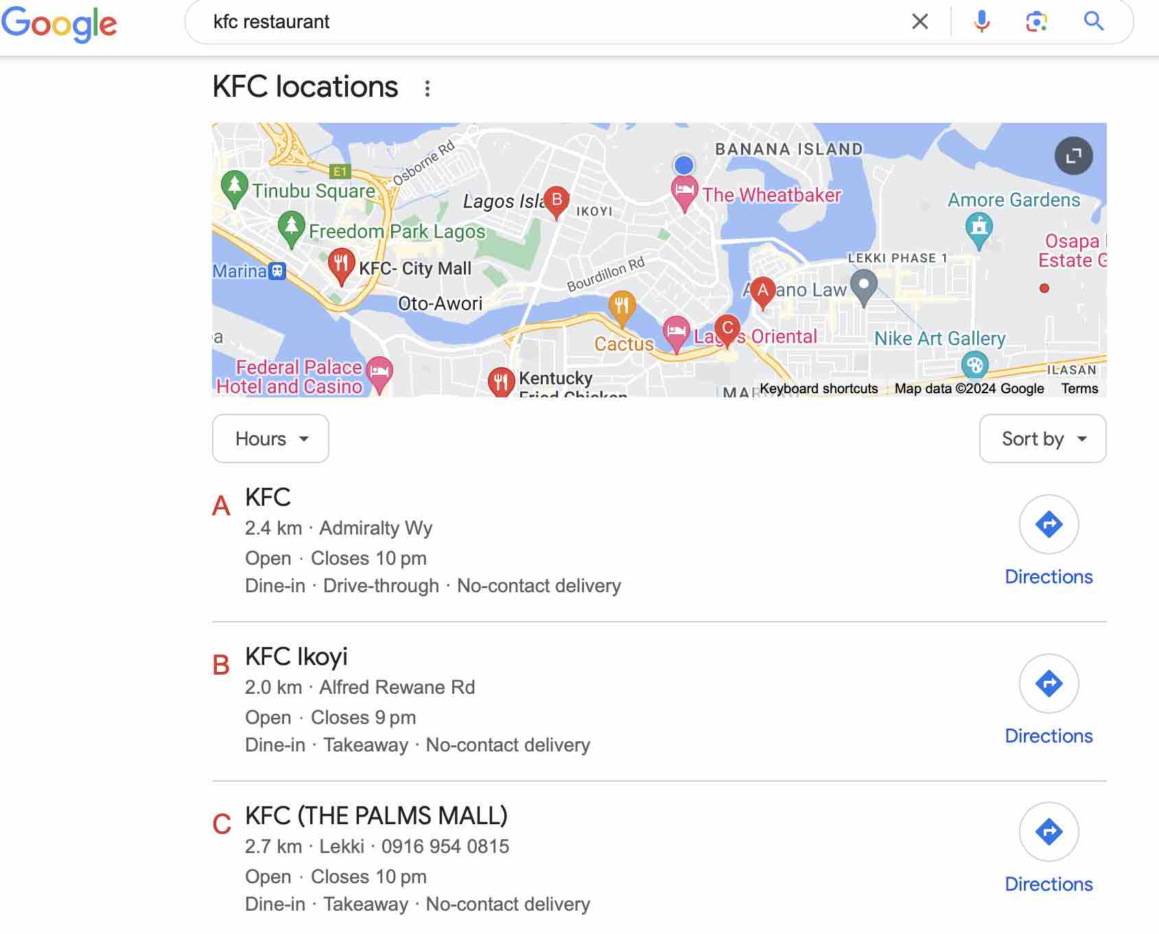 Implicit Local Keyword search example where no geographic location is mentioned in the search query