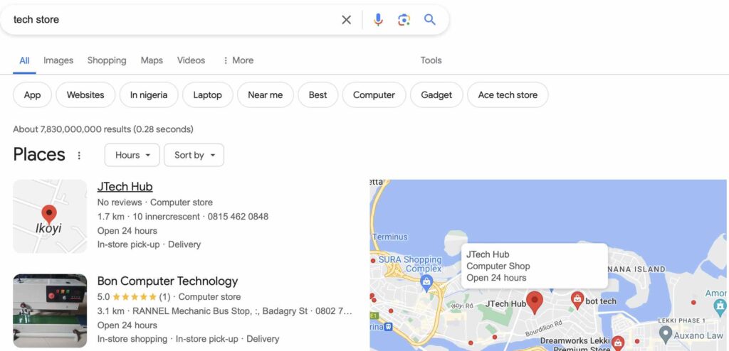 Local SEO keyword search for keyword phrase "tech store"
